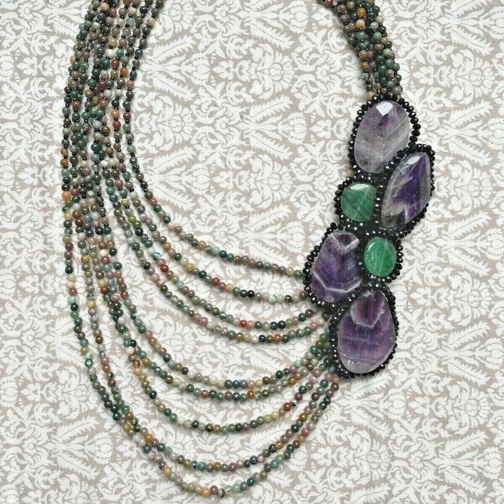 Panacea Bib Necklace Amethyst Emerald Jade Semi Precious Beads Stones Handmade